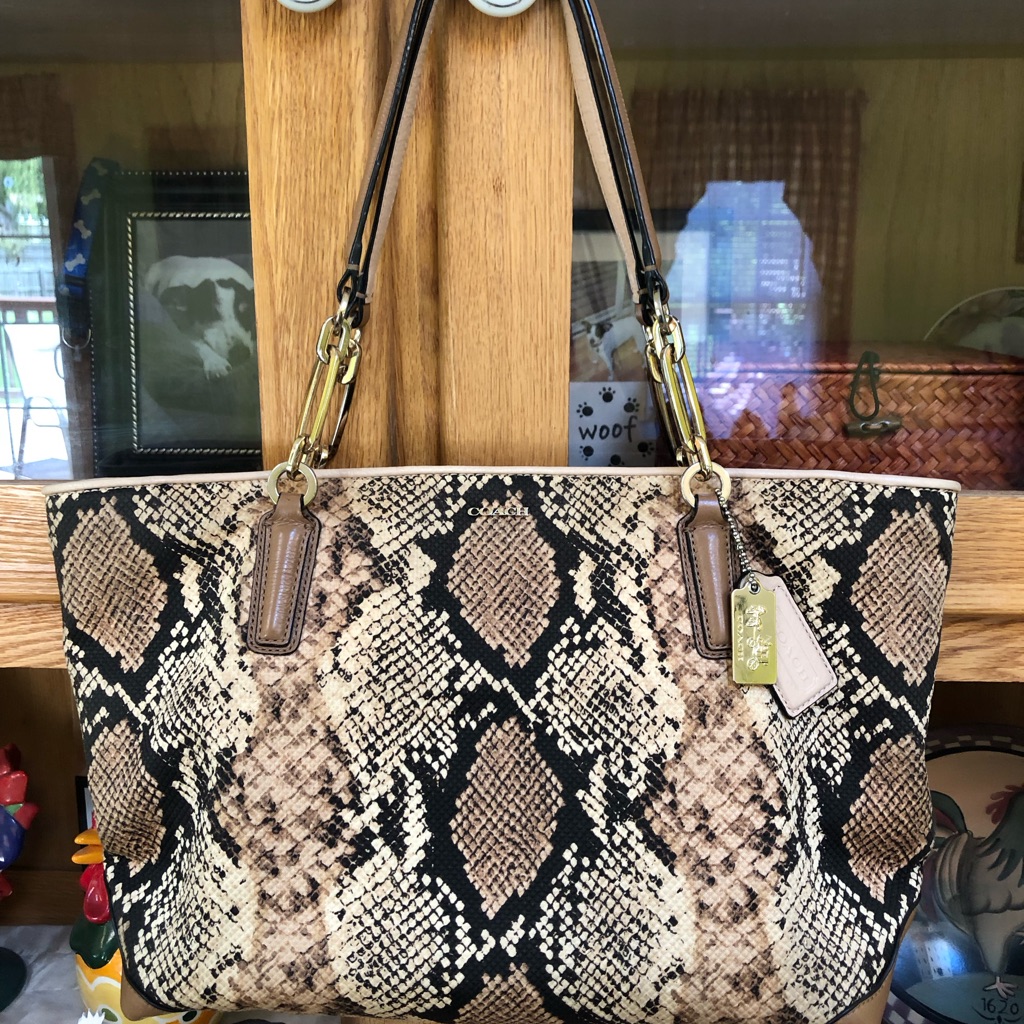 Coach Ava Python Snake-Print Tote In Beige And Brown With Gold Hardware